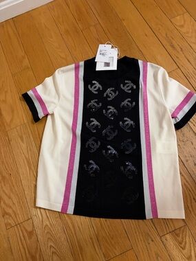 CHANEL Black, White & Pink Sequin CC Knit Top
